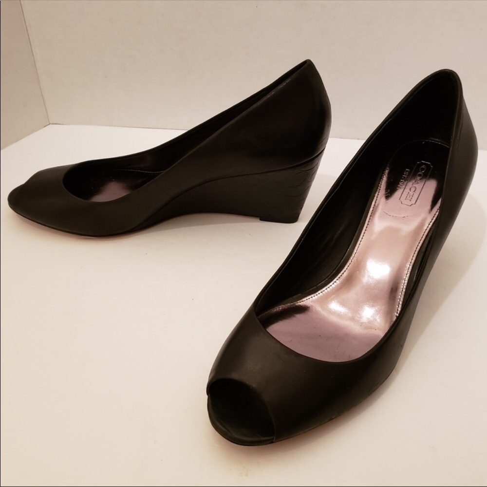 Coach Black Leather Peep Toe Wedge